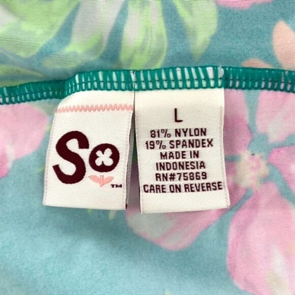 SO V Neck Halter Top Tankini Swimsuit Juniors Sz L Floral Pink Green Tropical - Picture 10 of 16